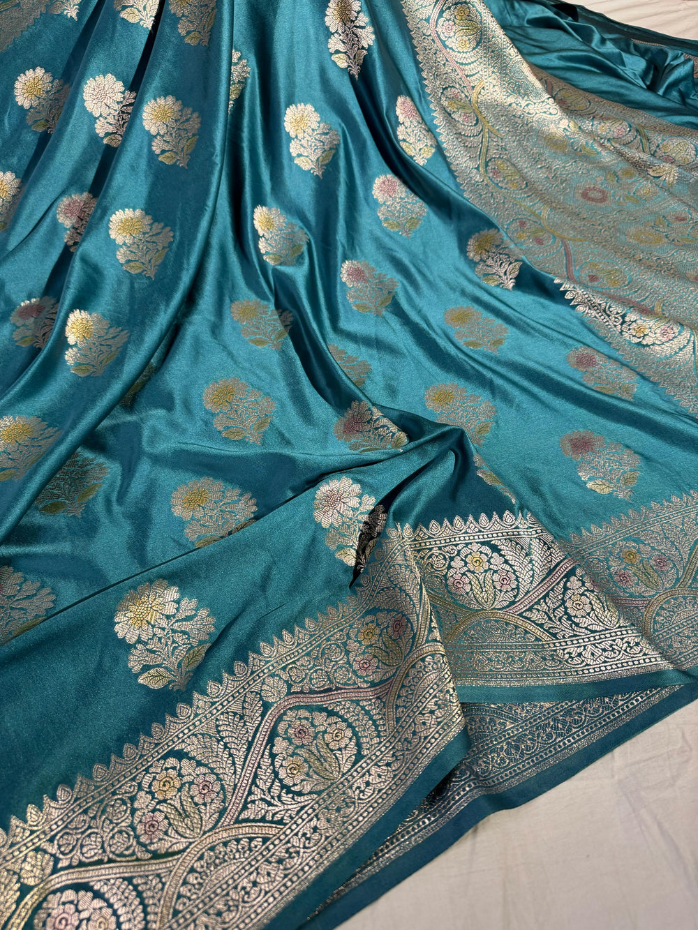 Ice Blue Shade Mashru Katan Silk Saree with Handwork