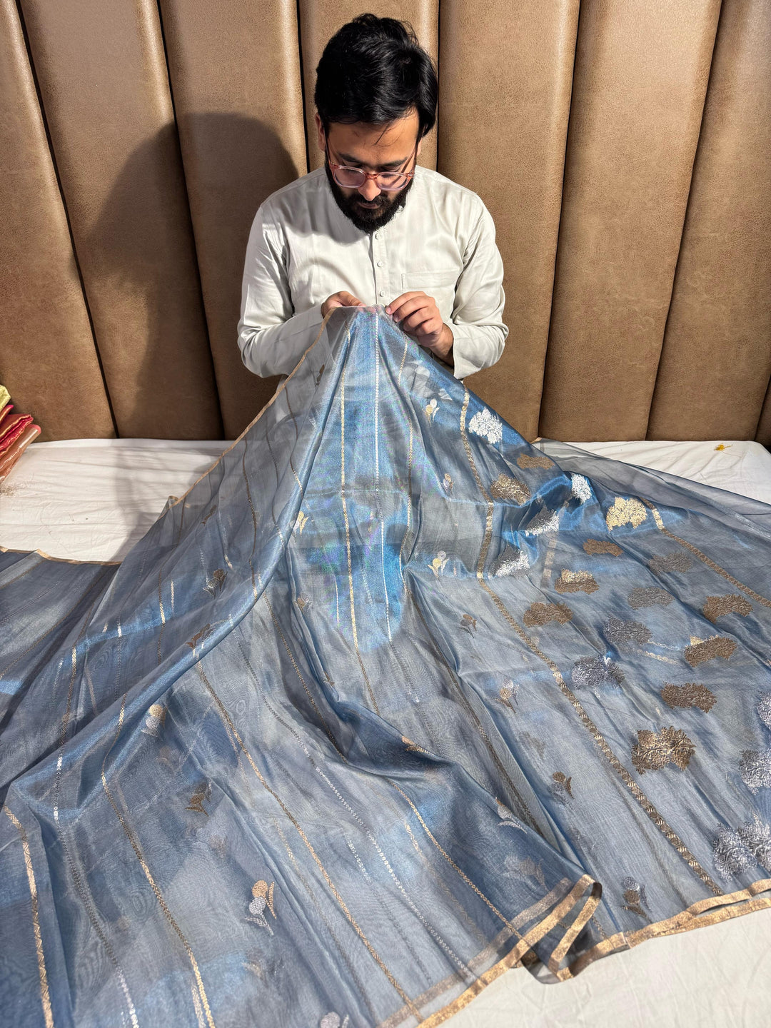 Ice Blue Shade Pure Handloom Kadwa Tissue Saree