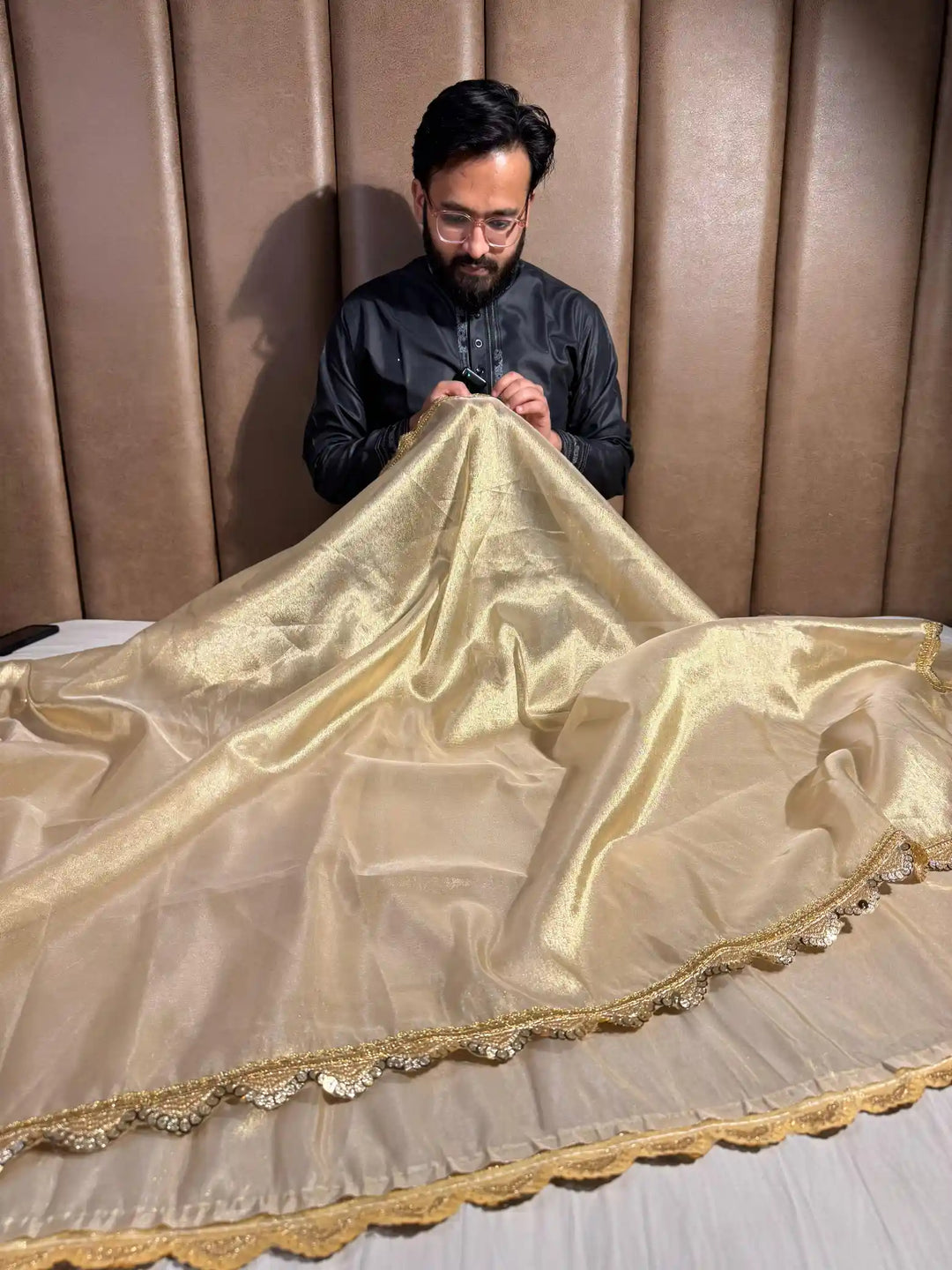 Ivory Gold Shade Tissue Silk Saree with Lacework