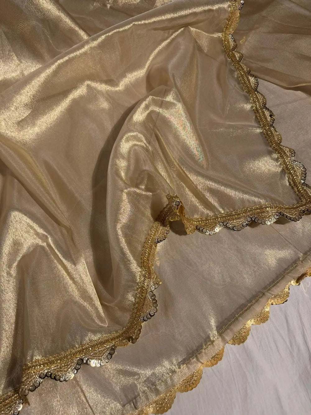 Ivory Gold Shade Tissue Silk Saree with Lacework