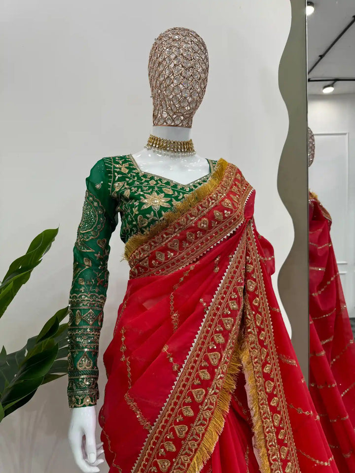 Janhvi Kapoor Inspired Sindoori Red Shimmery Tissue Silk Saree