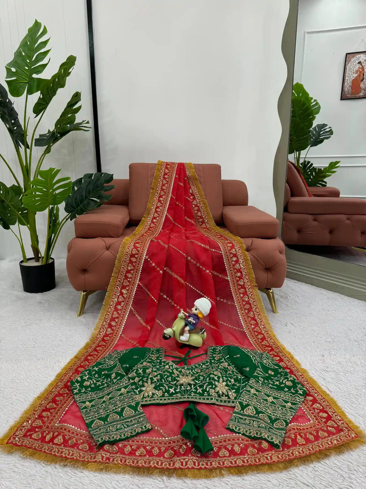 Janhvi Kapoor Inspired Sindoori Red Shimmery Tissue Silk Saree