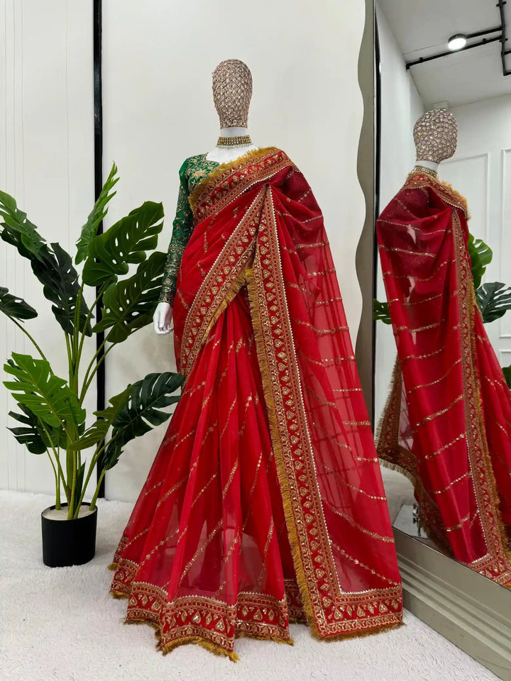 Janhvi Kapoor Inspired Sindoori Red Shimmery Tissue Silk Saree