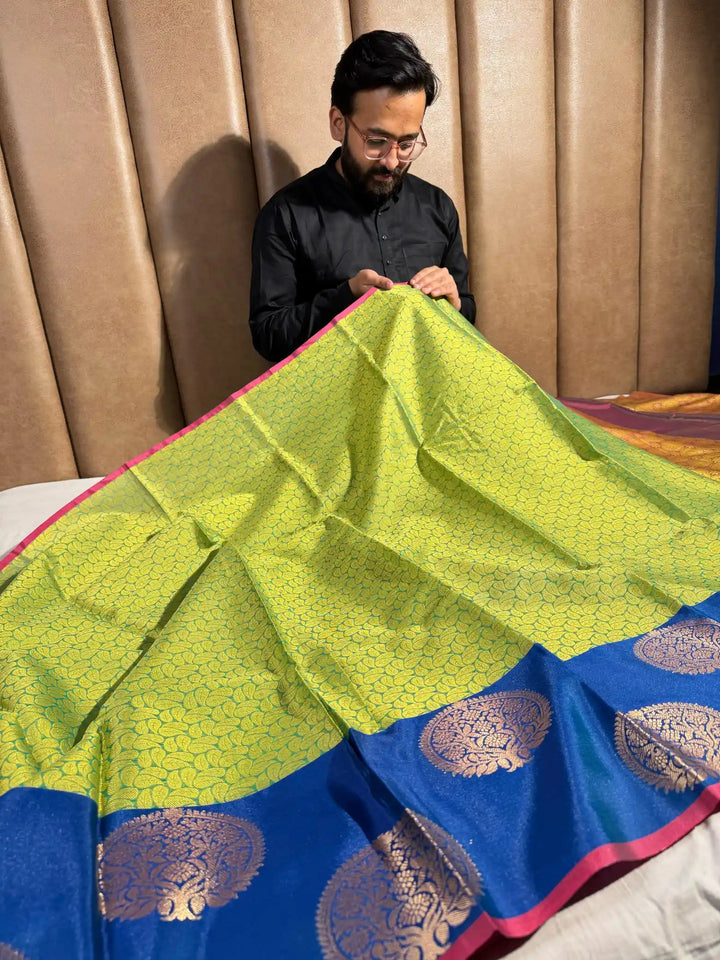 Banarasi Kora Muslin with Contrast Combination and Rich Resham Pallu