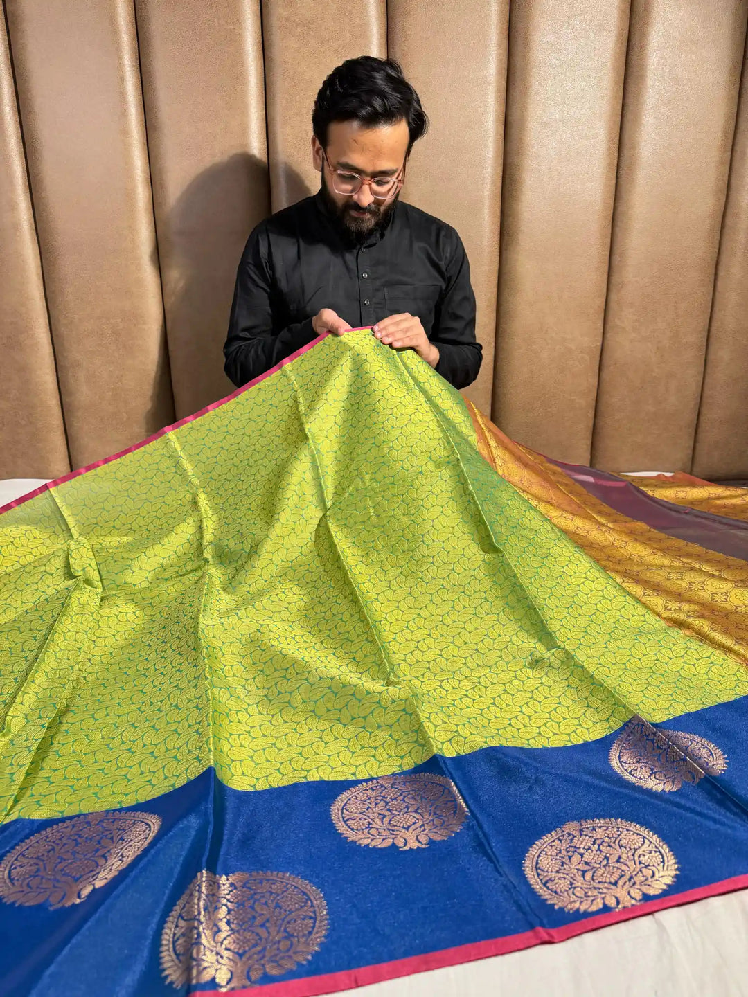 Banarasi Kora Muslin with Contrast Combination and Rich Resham Pallu