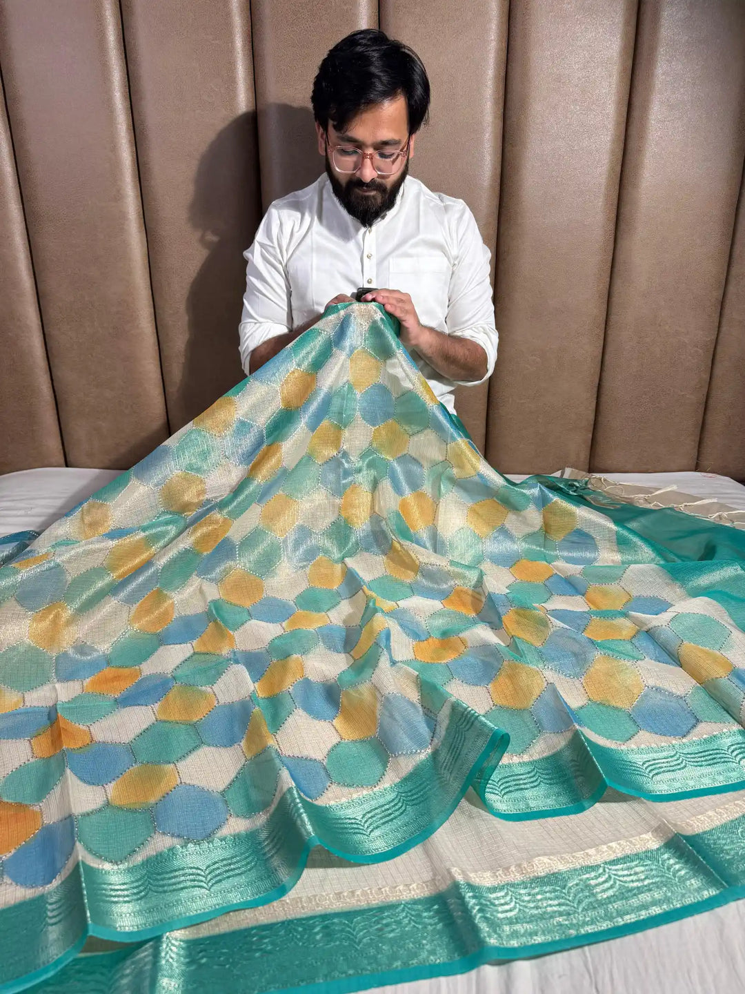 Kota Tissue Saree with Handbrush Paints and Zari Chikankari Work