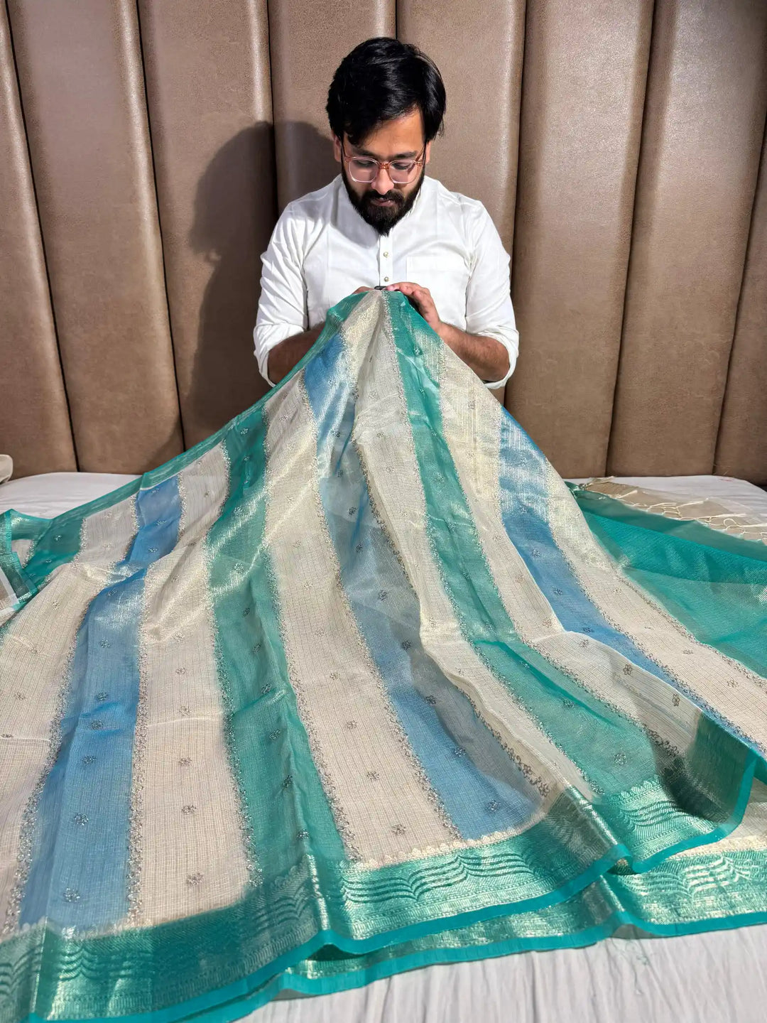 Kota Tissue Saree with Handbrush Paints and Zari Chikankari Work