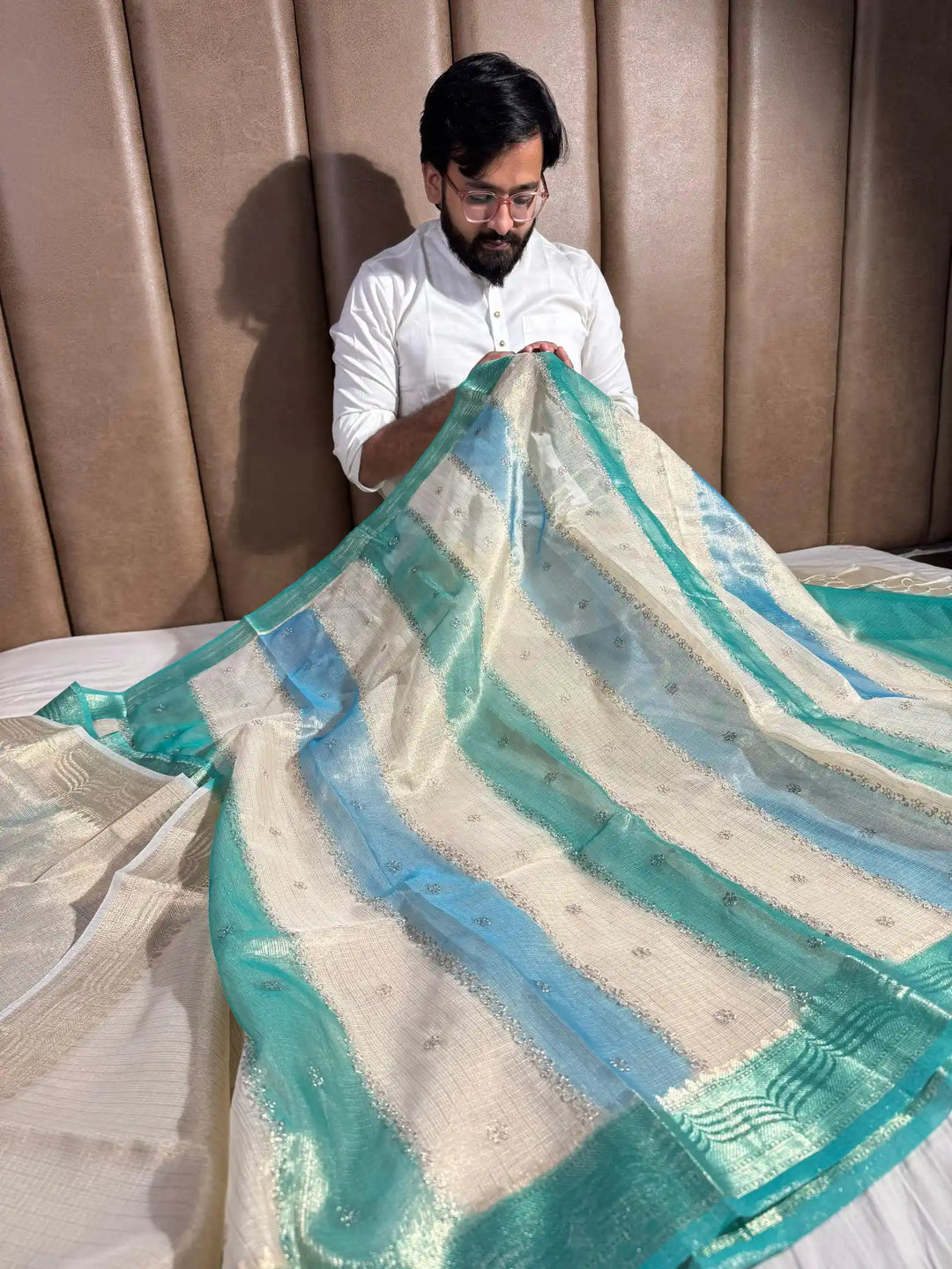 Kota Tissue Saree with Handbrush Paints and Zari Chikankari Work