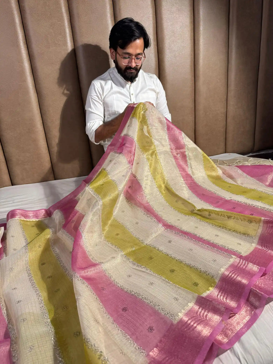 Kota Tissue Saree with Handbrush Paints and Zari Chikankari Work