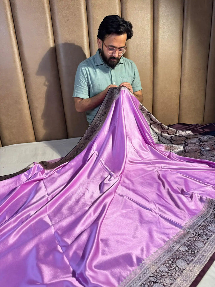 Lavender Banarasi Mashru Katan Silk Saree with Rich Pallu and Blouse