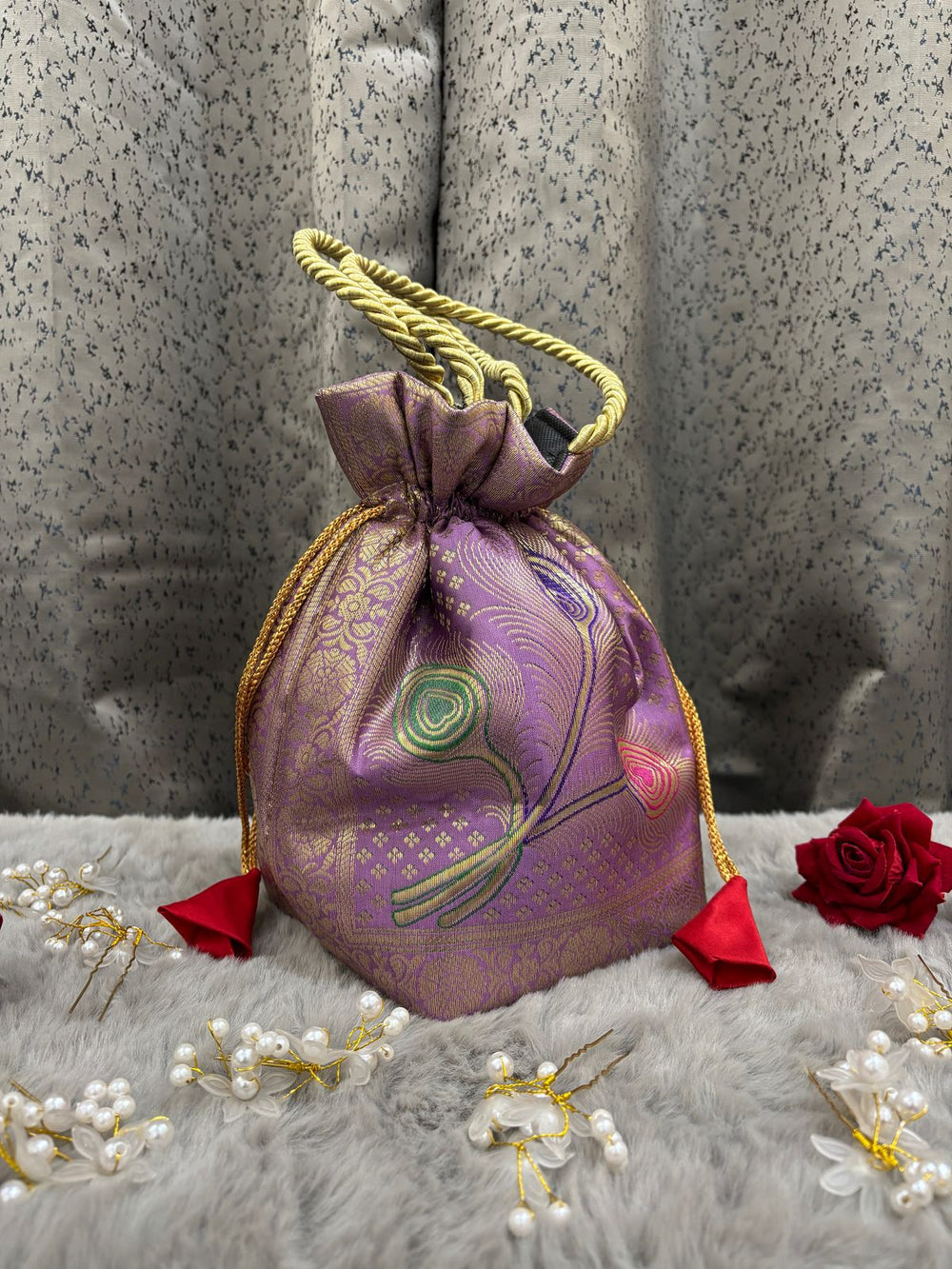 Lavender Shade Banarasi Potli Bags