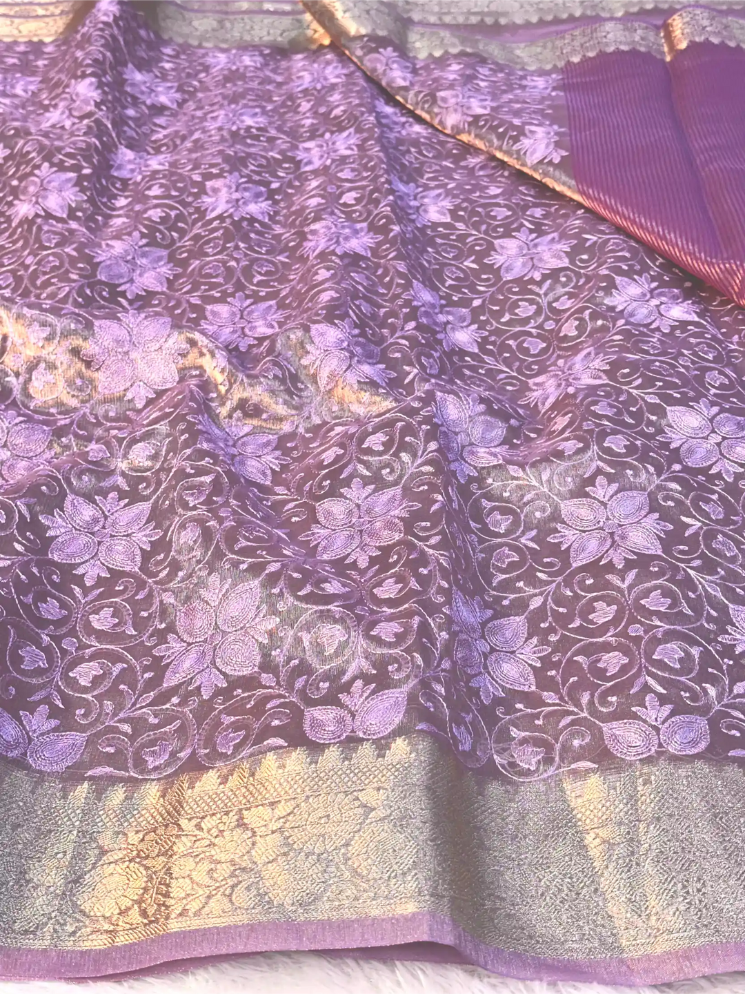 Lavender Tissue Silk Chikankari Embroidery Work Banarasi Saree