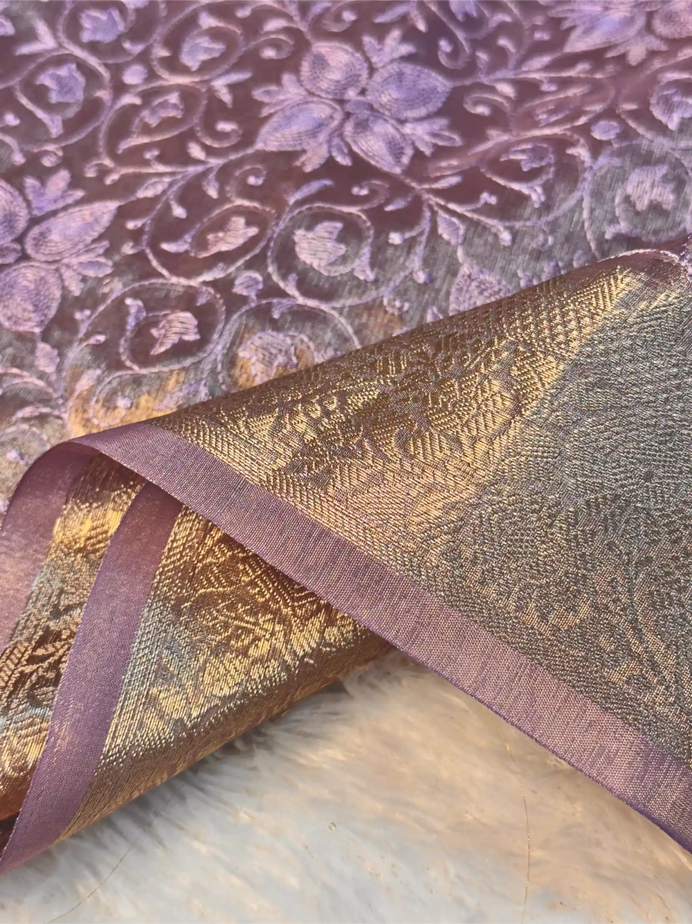 Lavender Tissue Silk Chikankari Embroidery Work Banarasi Saree