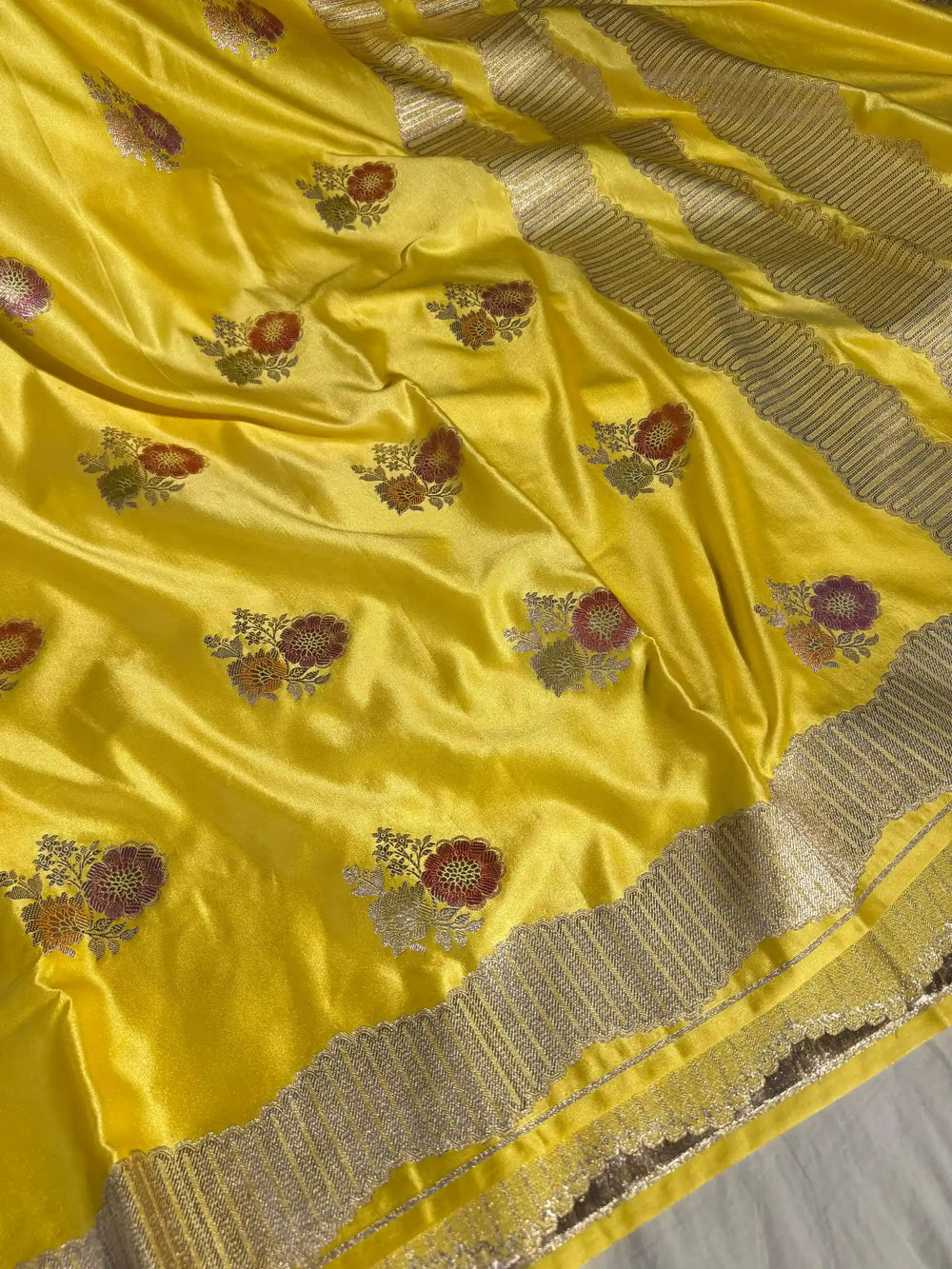Lemon Yellow Banarasi Mashru Katan Silk Handbrush Saree with Rich Pallu and Blouse