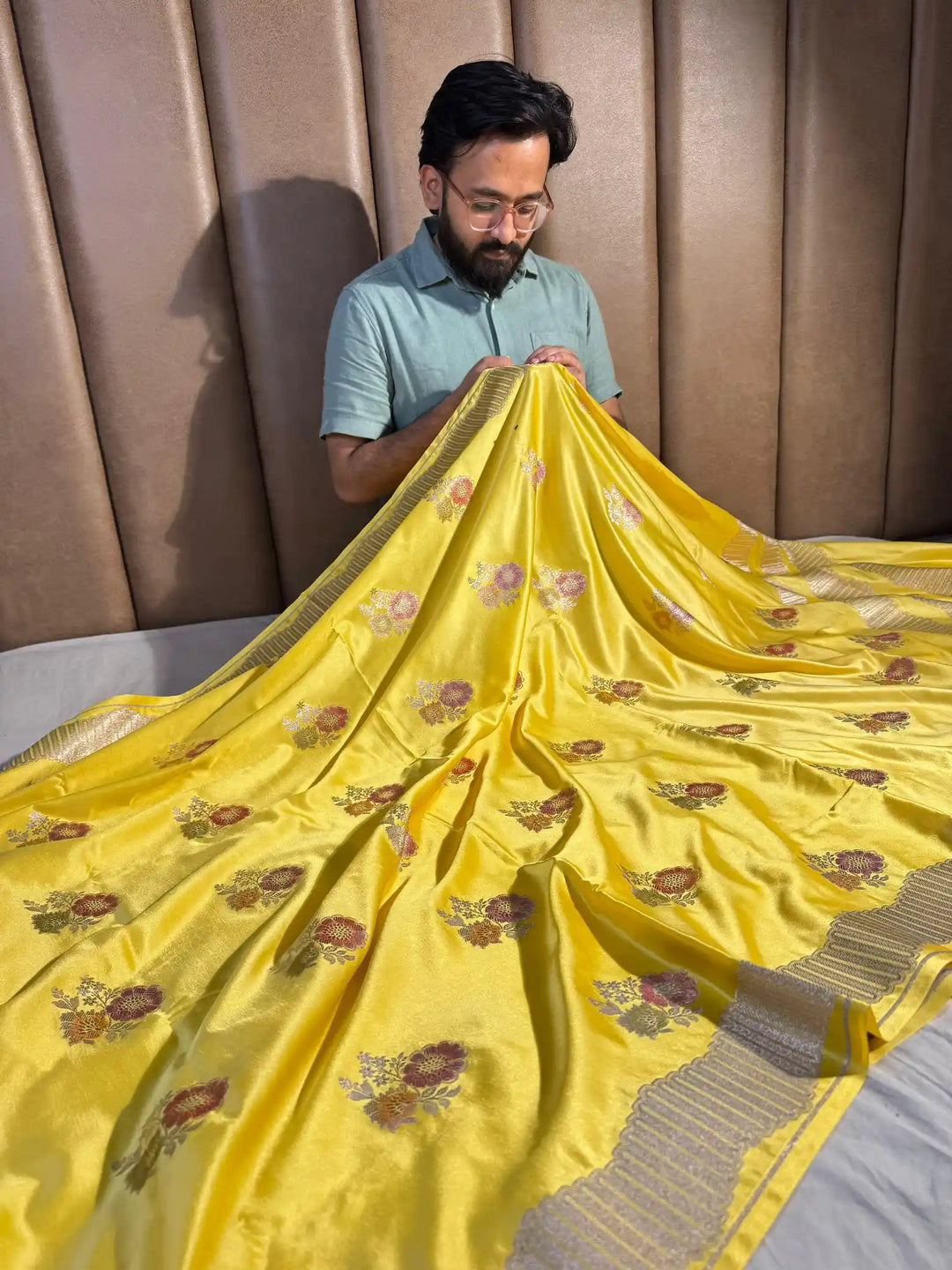 Lemon Yellow Banarasi Mashru Katan Silk Handbrush Saree with Rich Pallu and Blouse