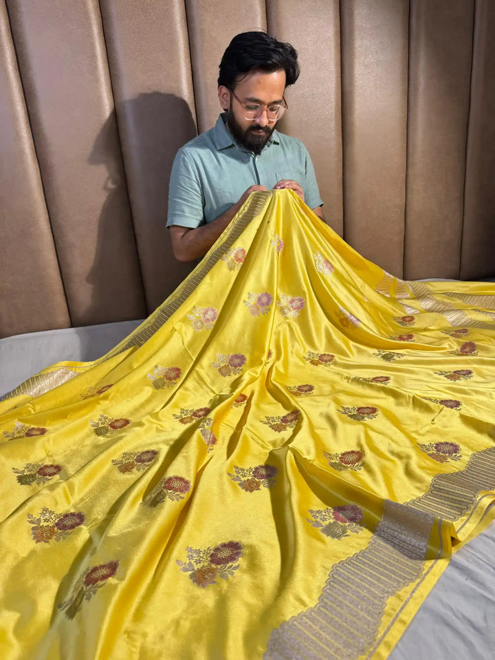 Lemon Yellow Banarasi Mashru Katan Silk Handbrush Saree with Rich Pallu and Blouse