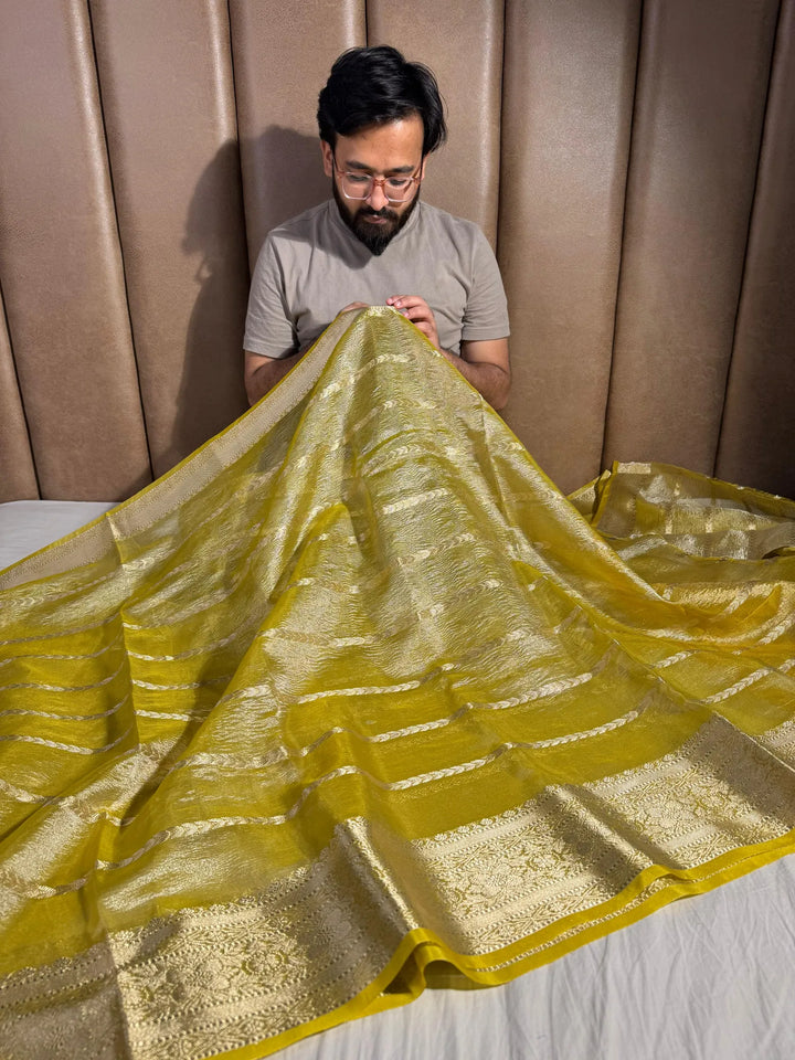 Lemon Yellow Banarasi crush tissue silk saree with rich pallu and blouse