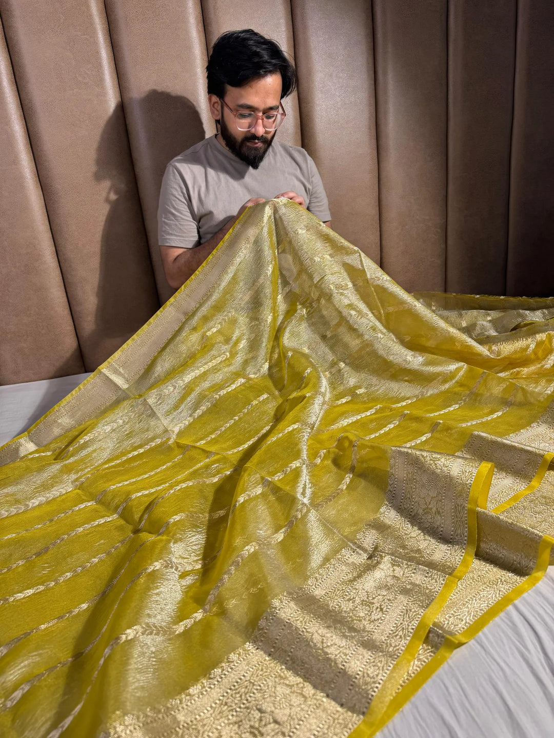 Lemon Yellow Banarasi crush tissue silk saree with rich pallu and blouse