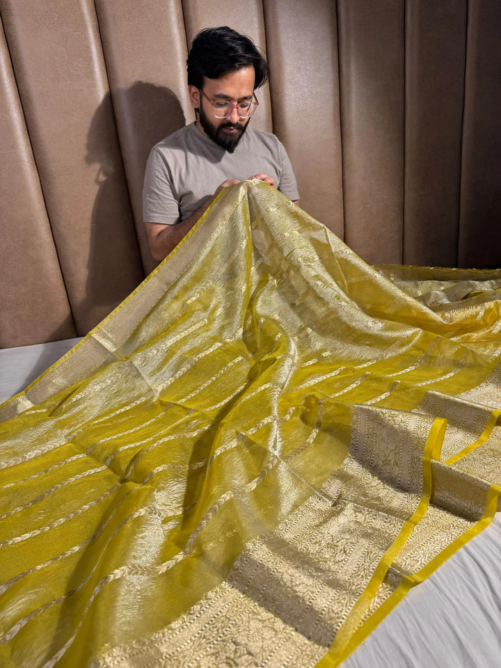 Lemon Yellow Banarasi crush tissue silk saree with rich pallu and blouse