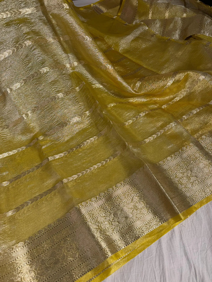 Lemon Yellow Banarasi crush tissue silk saree with rich pallu and blouse