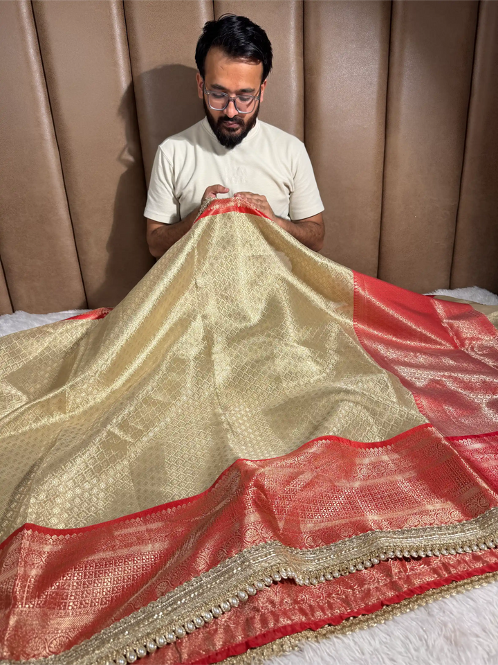 Light Gold Bridal Kanjivaram Tissue Silk Brocade Designer Banarasi Saree