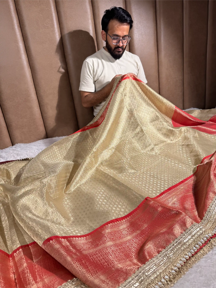 Light Gold Bridal Kanjivaram Tissue Silk Brocade Designer Banarasi Saree