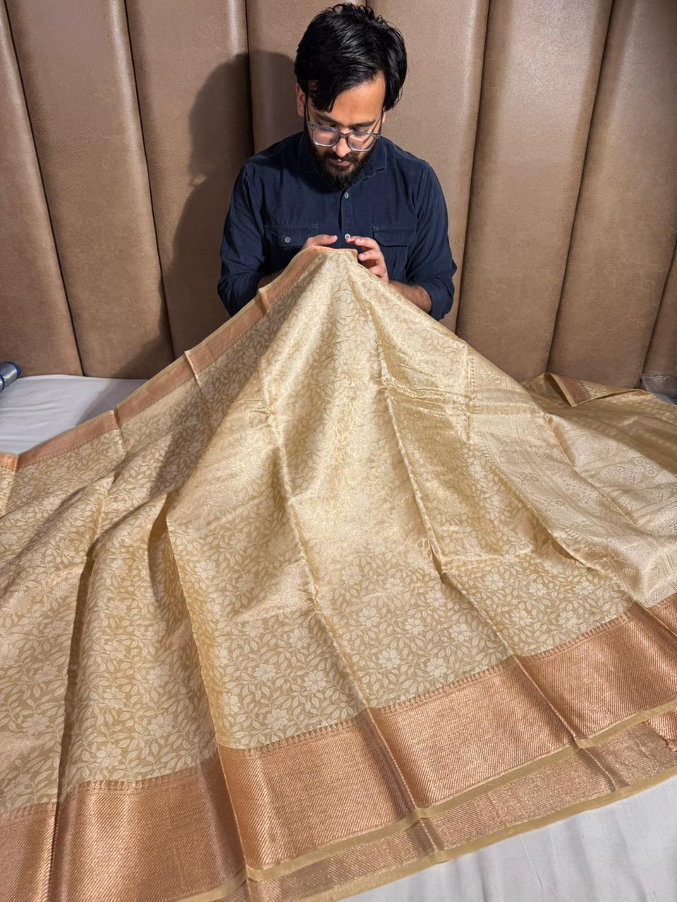 Light Gold Embossed Weave Softsilk Banarasi Saree