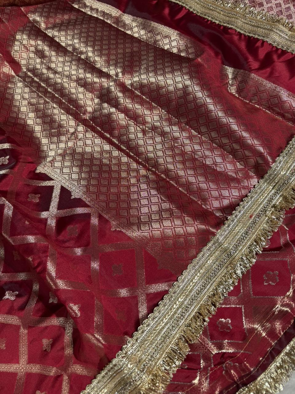 Light Maroon Chinia Silk Checkered Designer Banarasi Saree