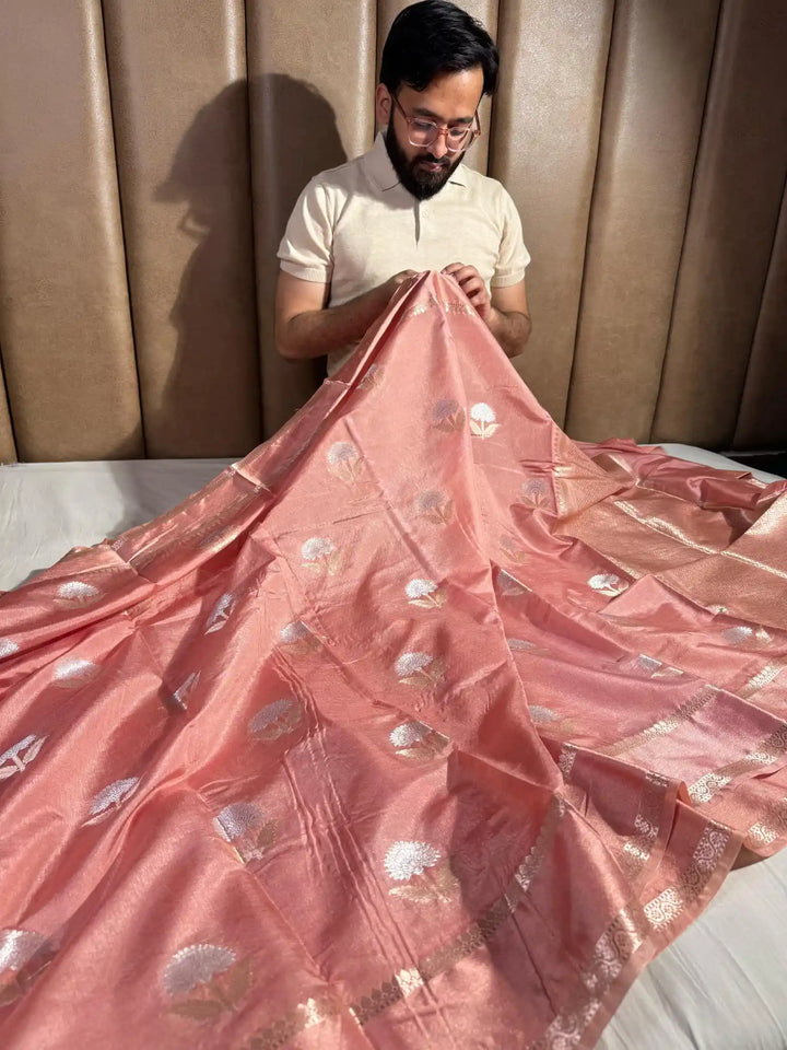 Light Peach Premium Chiniya Silk Saree with Rich Pallu and Blouse