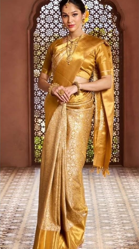 Banarasi Saree Kanjivaram Tissue Silk Sarees Light Golden