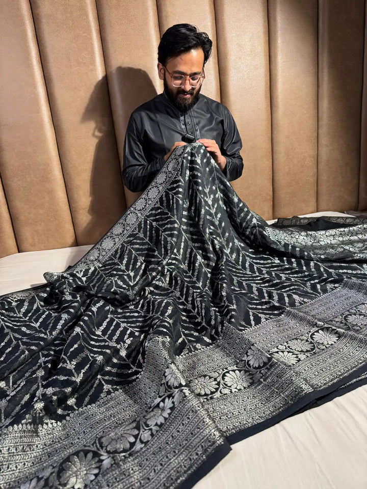 Limited Edition Rare Crape Georgette Black Colour Saree