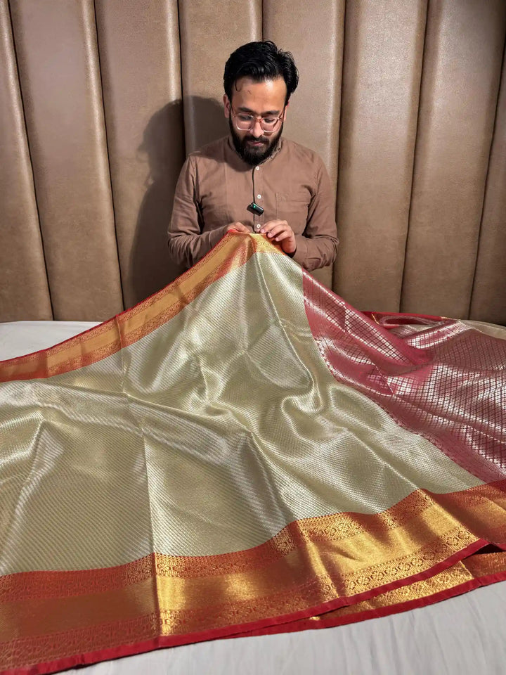 Luxurious Gold Tissue Silk aree with Premium Maroon Border and Pallu