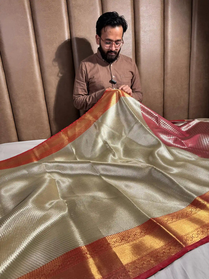 Luxurious Gold Tissue Silk aree with Premium Maroon Border and Pallu