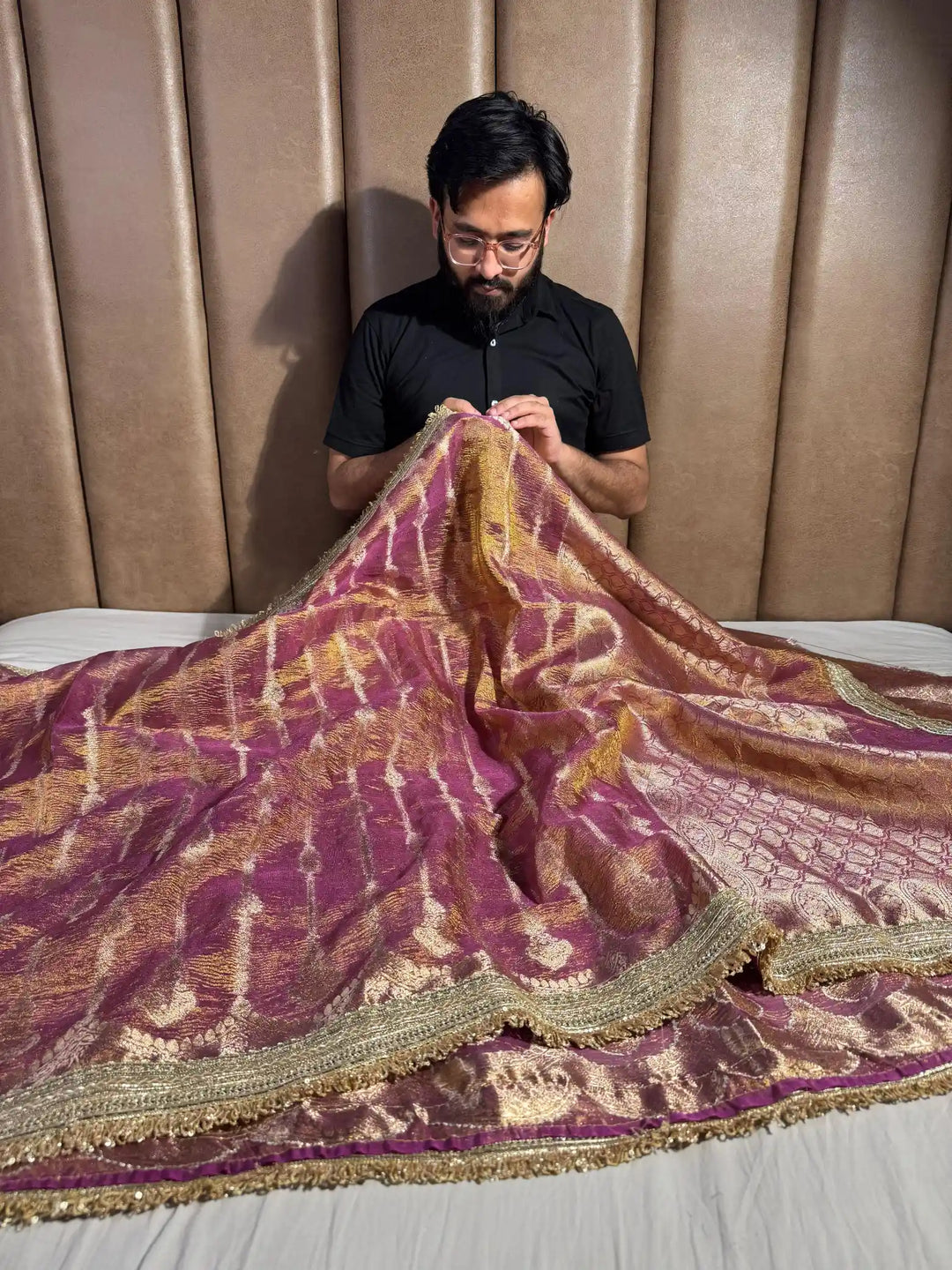 Luxurious Magenta banarasi crush tissue silk saree with designer lace work
