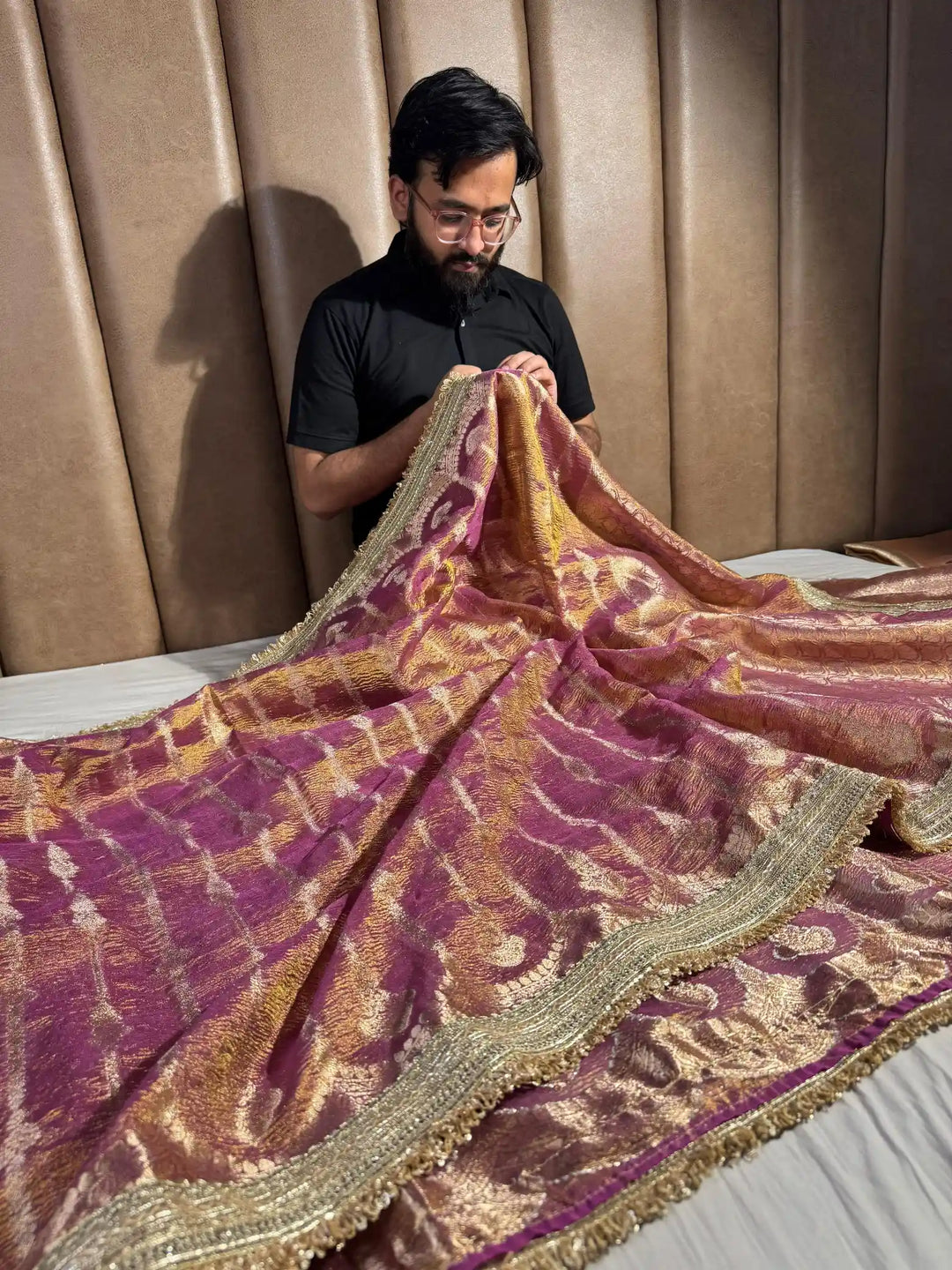Luxurious Magenta banarasi crush tissue silk saree with designer lace work