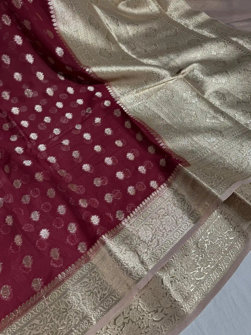 Maroon Banarasi Khaddi Shiffon Silk Saree with rich pallu and blouse