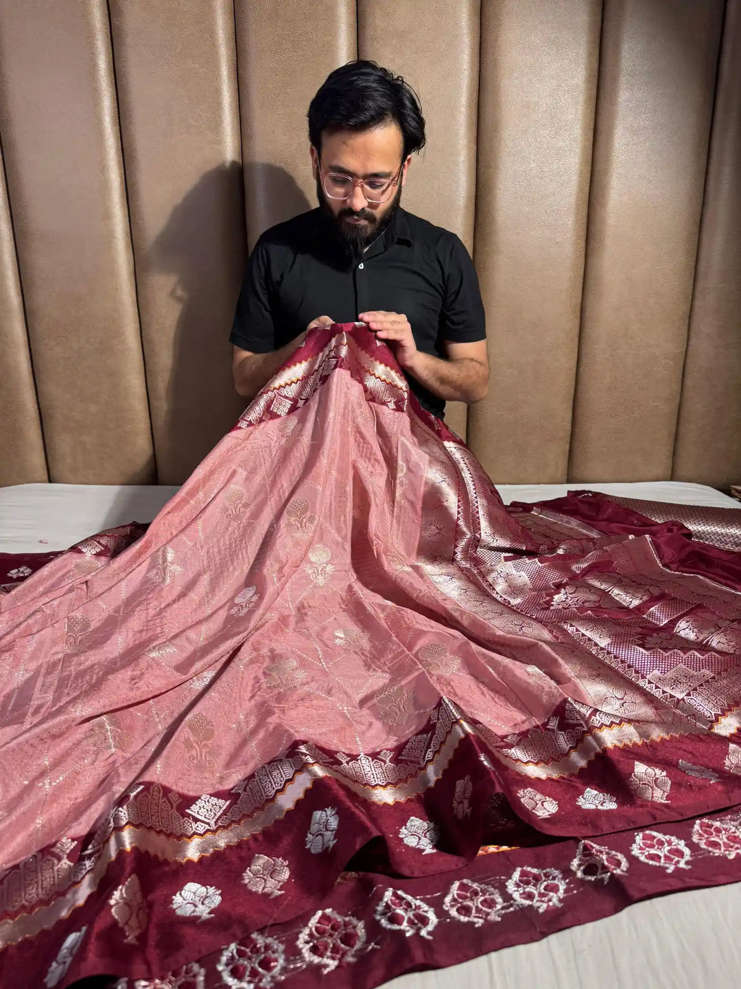 Mauve Peach banarasi chiniya silk saree with rich pallu and blouse