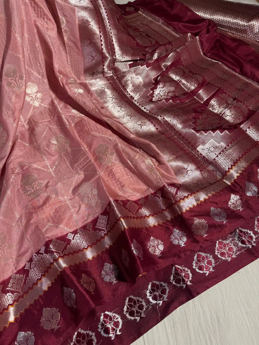 Mauve Peach banarasi chiniya silk saree with rich pallu and blouse