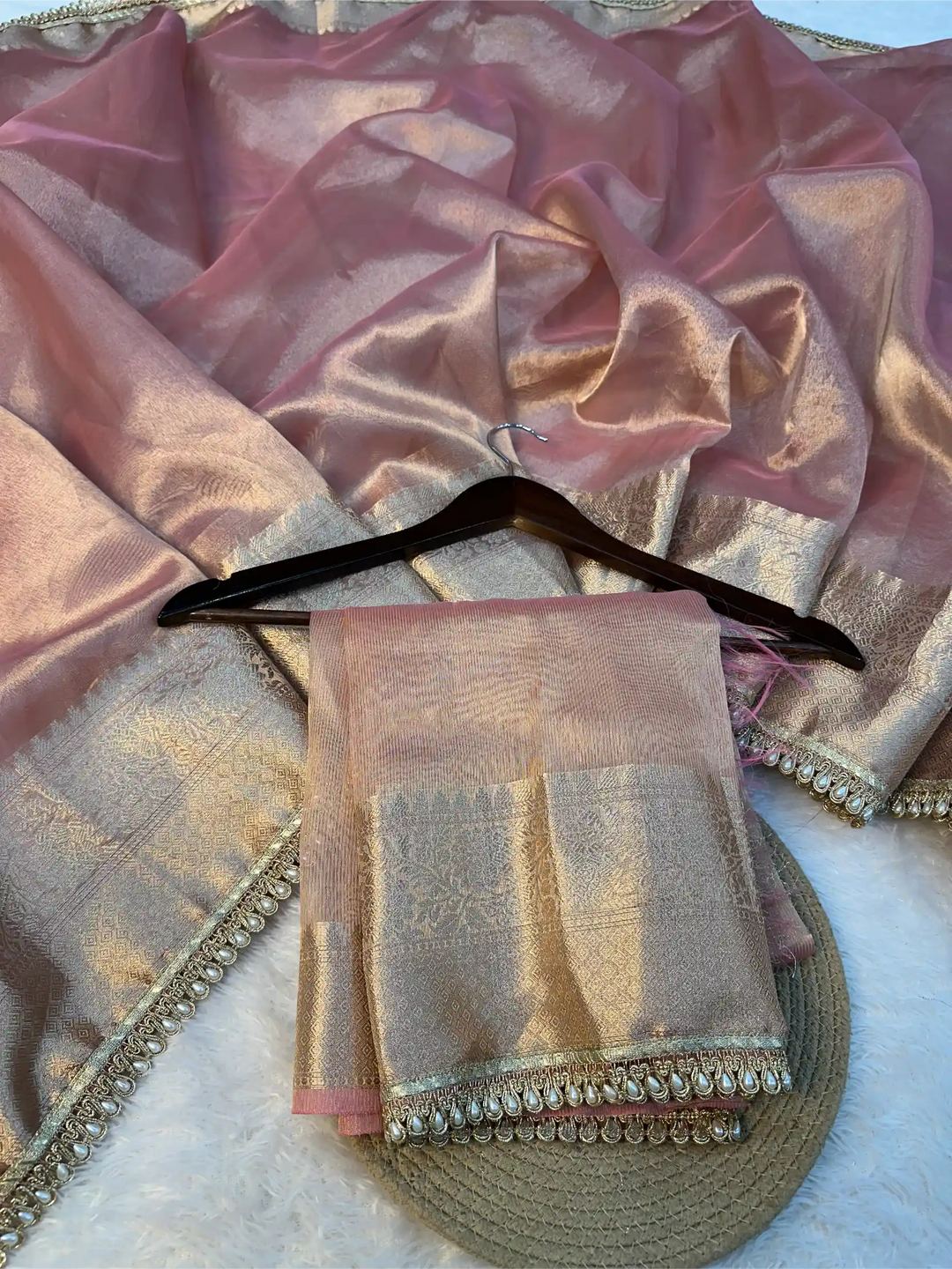Mauve Pink Glass Tissue Silk Designer Banarasi Saree