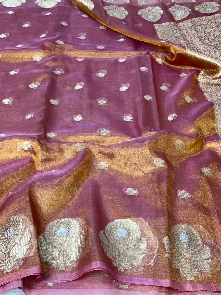 Metallic Barbie Pink Kora Tissue Silk Dhoop Chaun Weave Contemporary Banarasi Saree