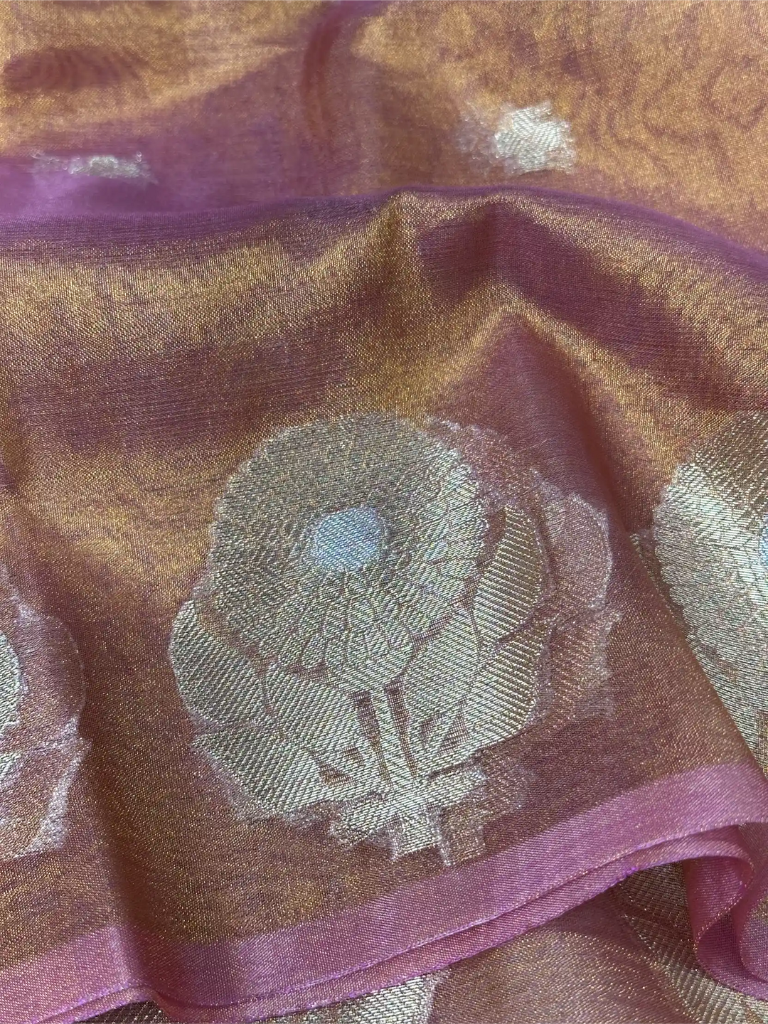 Metallic Barbie Pink Kora Tissue Silk Dhoop Chaun Weave Contemporary Banarasi Saree
