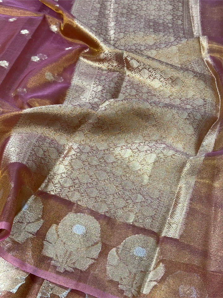 Metallic Barbie Pink Kora Tissue Silk Dhoop Chaun Weave Contemporary Banarasi Saree