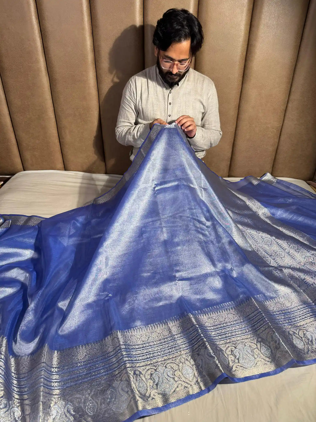 Metallic Blue Lightweight Katan Tissue Silk Saree with Rich Pallu and Blouse