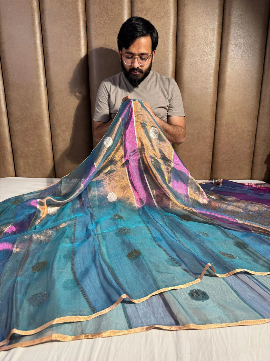 Metallic Blue shade Handwoven Pure Tissue Silk Saree