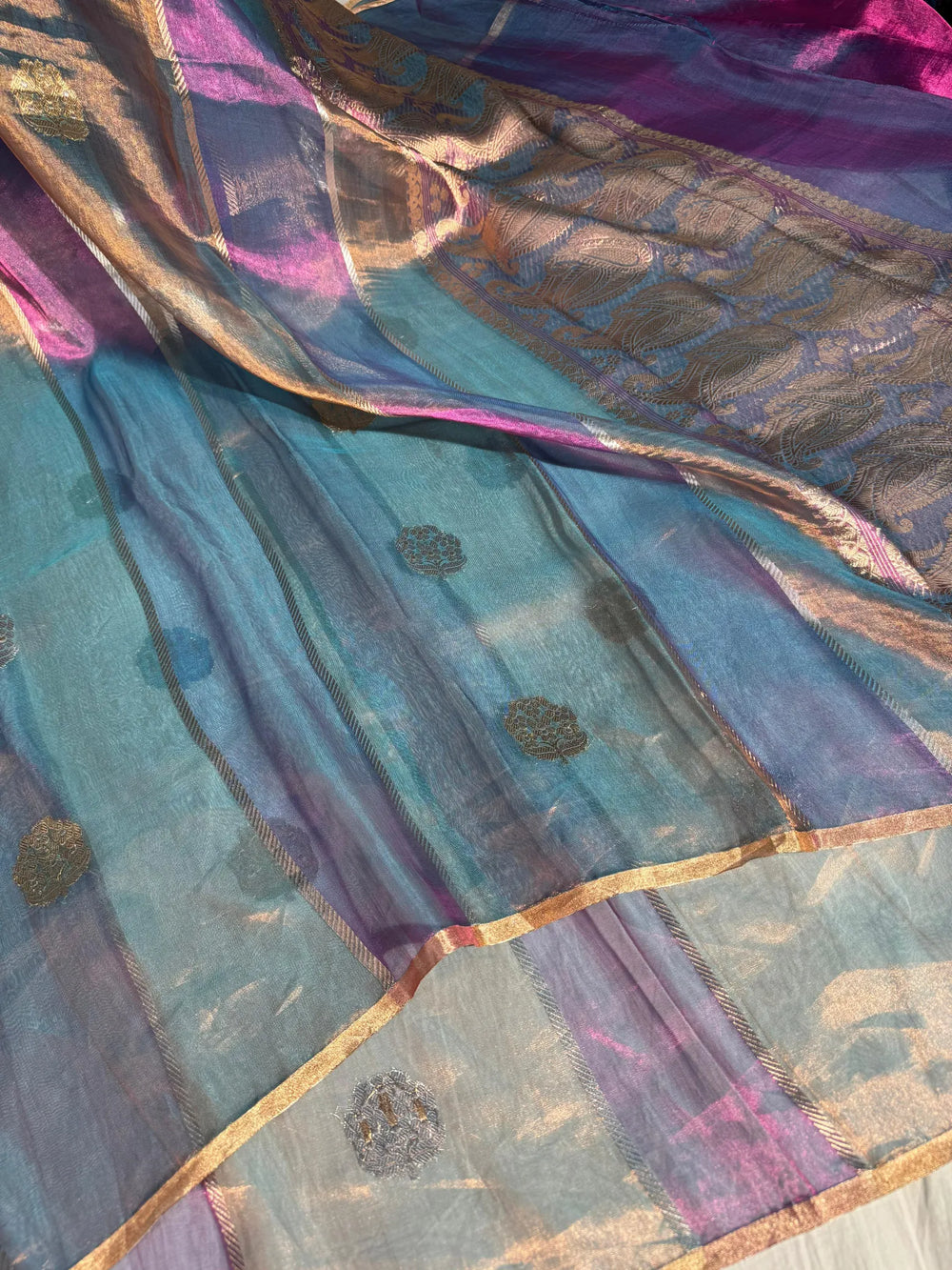 Metallic Blue shade Handwoven Pure Tissue Silk Saree