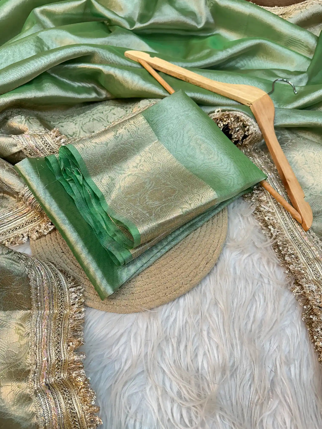 Metallic Green Banarasi Tissue Silk Saree with Exclusive Lace Work