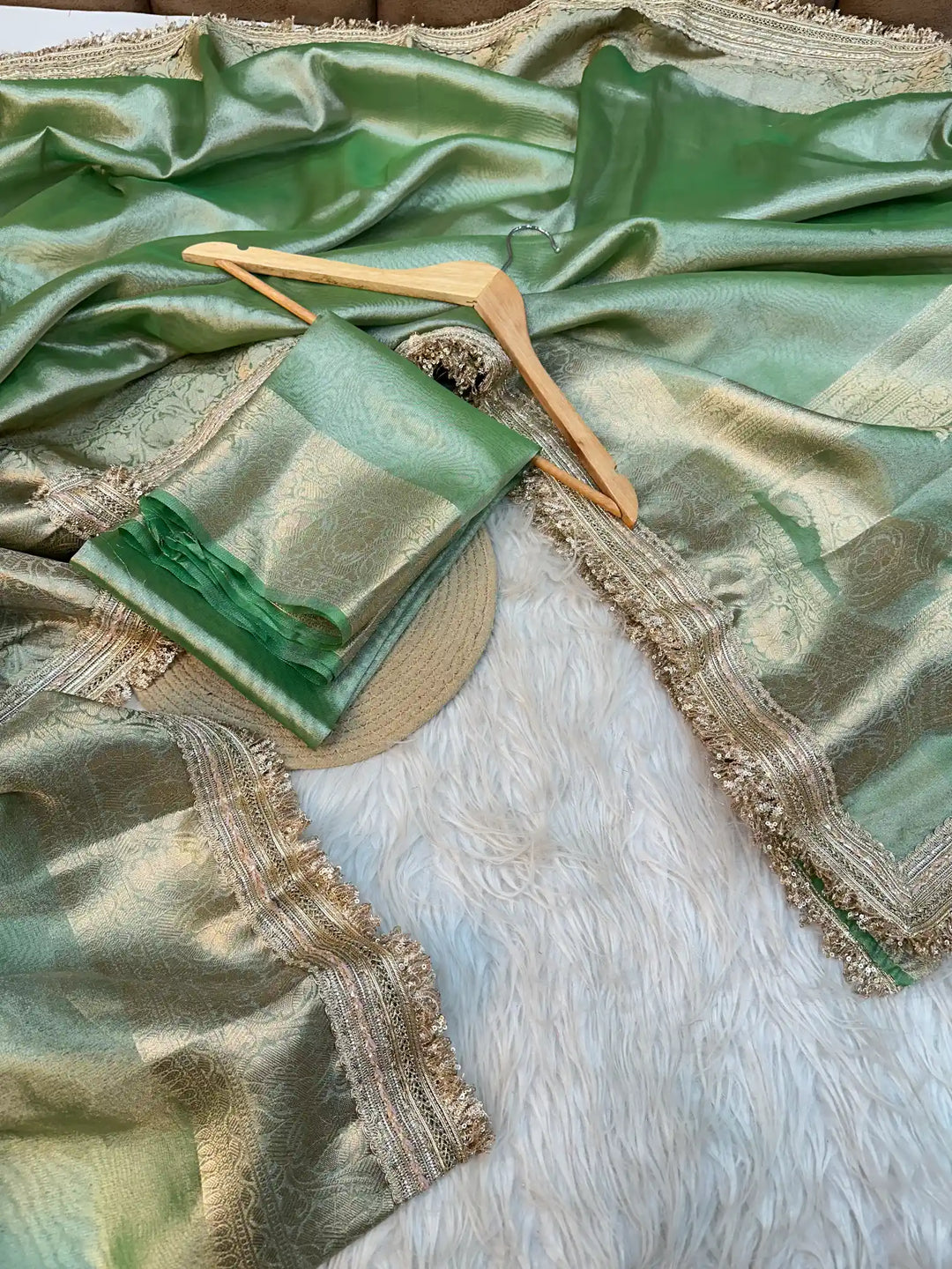 Metallic Green Banarasi Tissue Silk Saree with Exclusive Lace Work