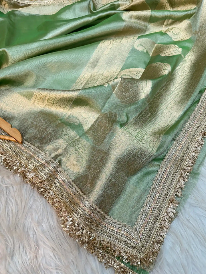 Metallic Green Banarasi Tissue Silk Saree with Exclusive Lace Work