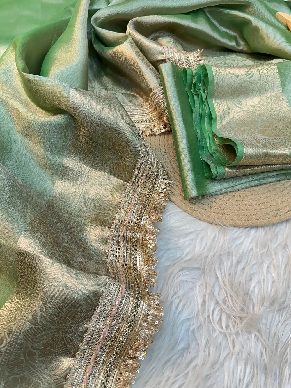 Metallic Green Banarasi Tissue Silk Saree with Exclusive Lace Work