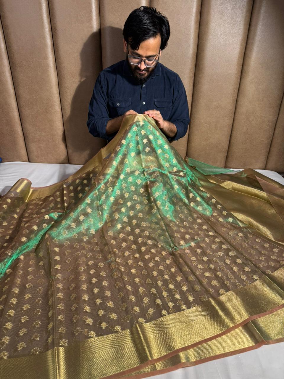Metallic Green Soft Tissue Silk Jacquard Banarasi Saree